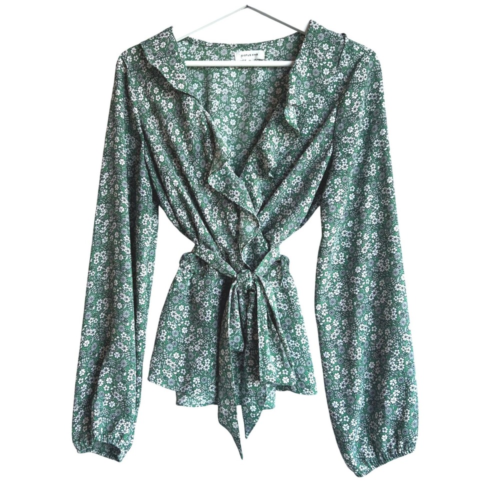 Max Studio Green Floral Ditsy Wrap Top Ruffle V-Neck Peplum Blouse Womens Medium